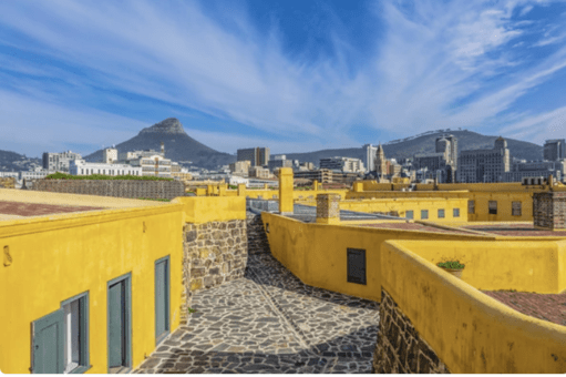 View along the yellow Castle ramparts towards the city