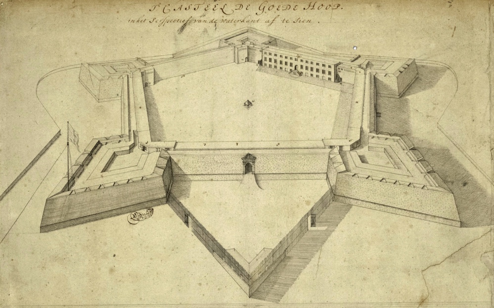 Seventeenth-century architectural drawing of the pentagonal Castle de Goede Hoop